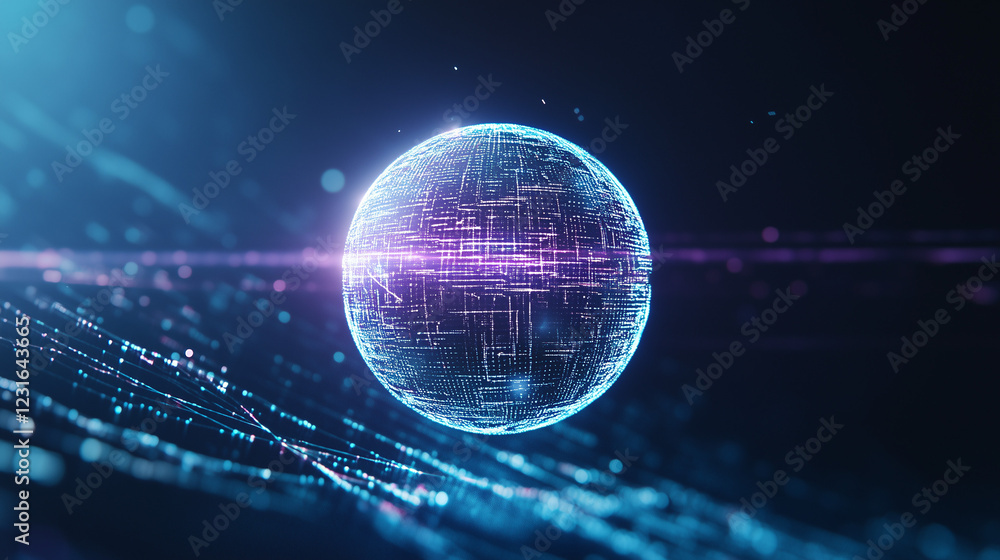 Aufkleber digital sphere: a luminous sphere composed of swirling circuits and data streams floats in a futuris