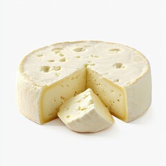 Soft Creamy Cheese Wheel with Sliced Portion on a White Background