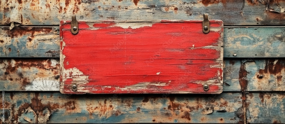 Poster rustic weathered red signboard mockup with peeling paint on a distressed wooden background ideal for