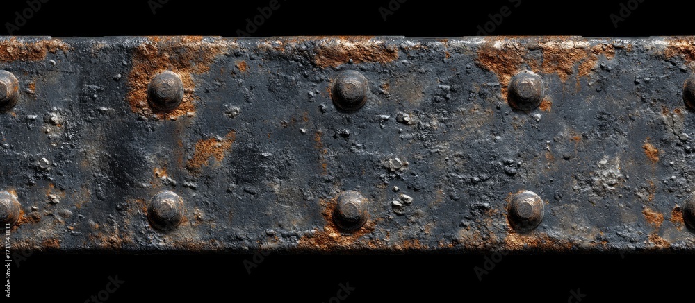 Poster rusty black metal texture with dark tones and rust spots across a rectangular panel featuring five p