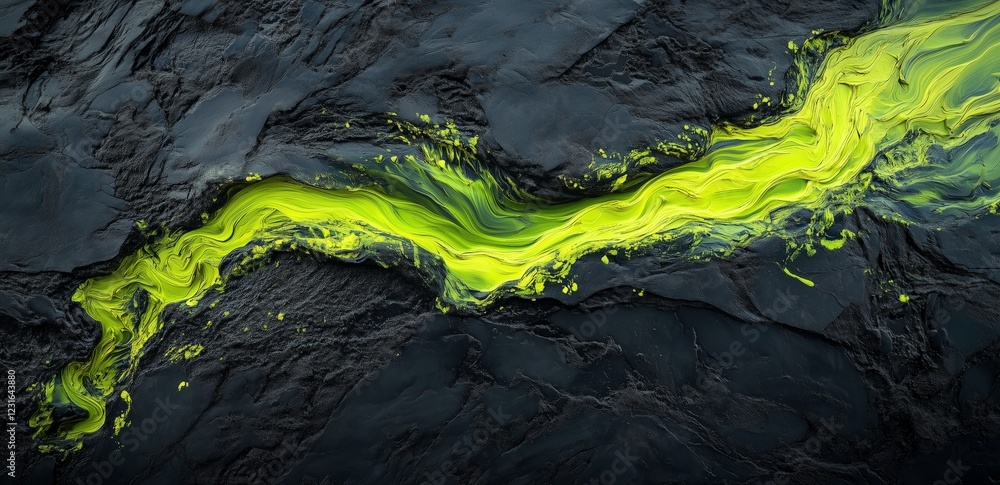 Poster lime green flow on dark stone: abstract image of vibrant lime green liquid flowing through a dark, t