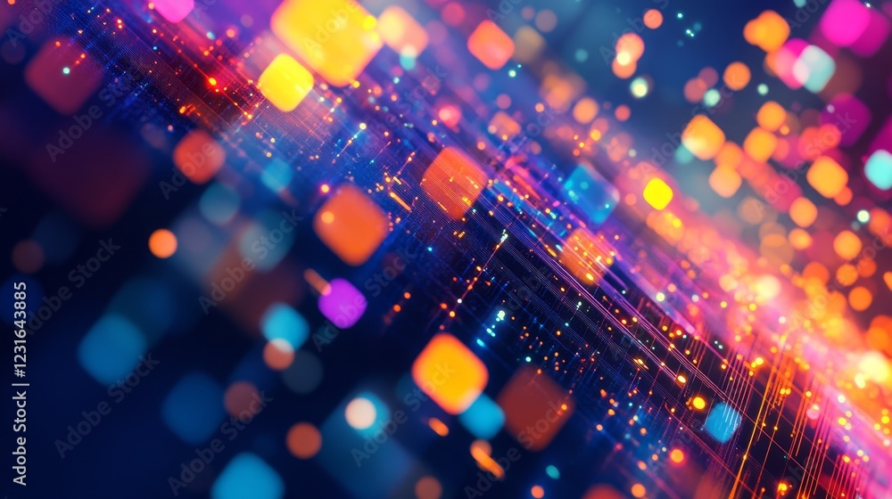 Poster this vibrant abstract background features glowing shapes and bright lights, creating a mesmerizing v