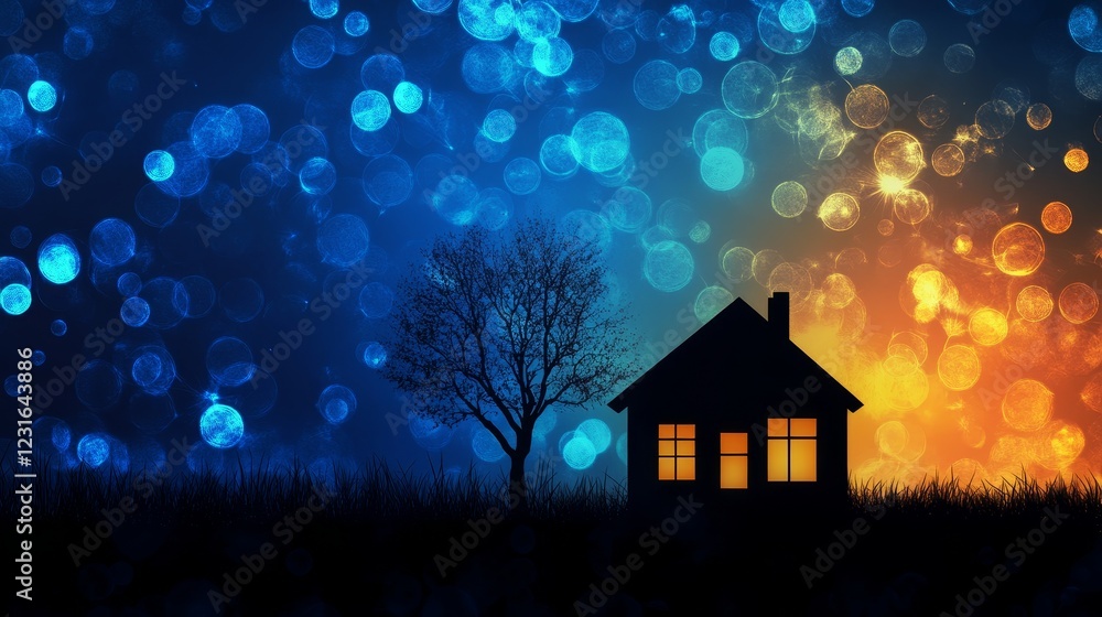 Poster a serene silhouette of a house and tree against a vibrant bokeh backdrop, capturing the essence of t
