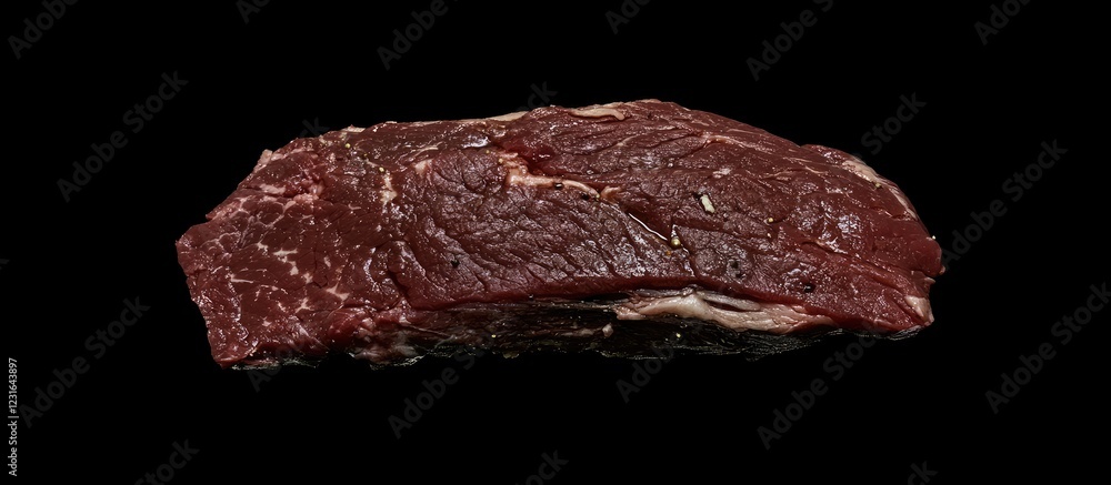 Poster raw beef steak piece on a black background displaying deep red hues and marbling, centered for a cle