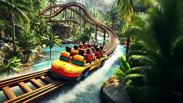 Exciting Roller Coaster Ride Through Lush Jungle and Waterfall