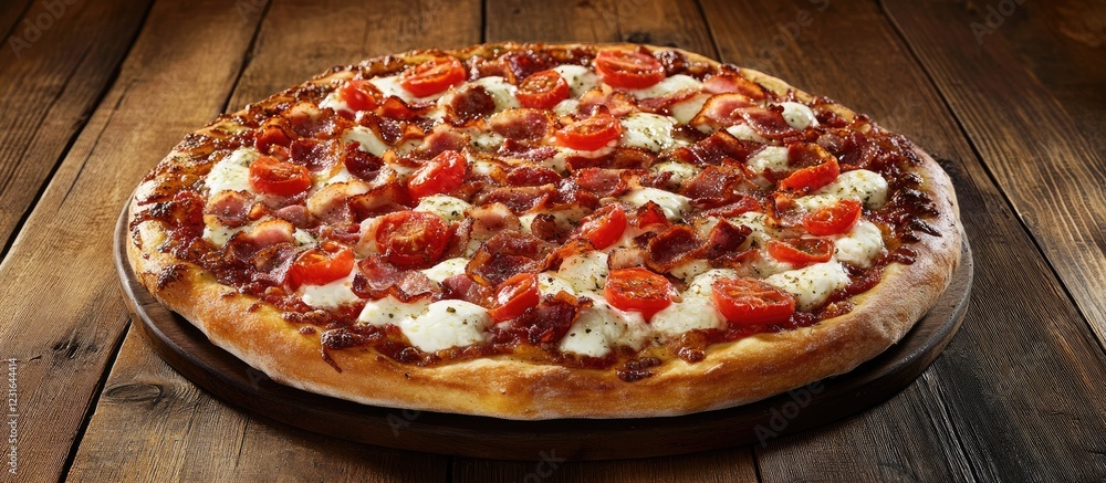Poster homemade pizza topped with rich mozzarella cheese juicy tomatoes and crispy bacon on a rustic wooden