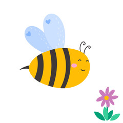 Cute cartoon bee with flower, vector illustration in flat style. Nature concept, insects and flowers
