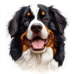 Bernese Mountain Dog with a tri-color coat and friendly expression, placed on a bright white background