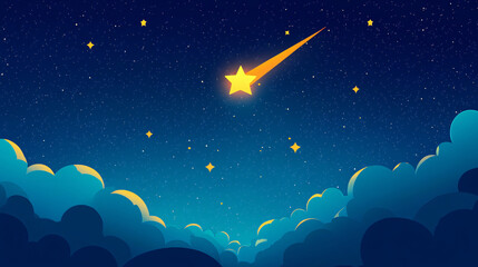 Fototapeta premium A golden star-shaped meteor streaks across a stylized night sky with glowing smaller stars above soft blue clouds in a whimsical scene 