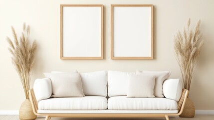 Elegant Minimalist Living Room with Sofa and Blank Picture Frames