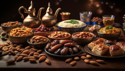 Fototapeta premium Sumptuous Spread Of Traditional Arabic Food Served During Ramadan Featuring Dates and Almonds