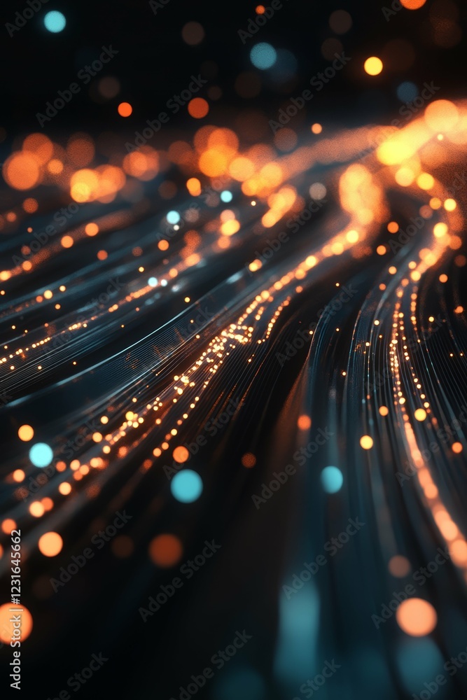 Poster illuminated abstract network: flowing lines and dots in futuristic digital technology