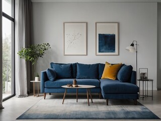 Cozy Urban Living Room with Blue Sofa and Elegant Home Decor