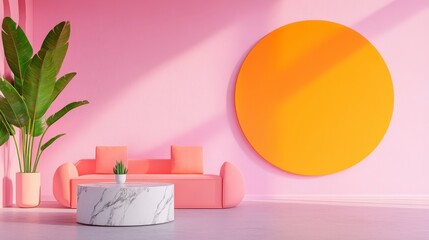 Modern Living Room with Pink Walls and Orange Circular Art Piece