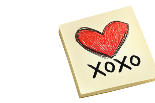 Hand drawn red heart sketch with XO XO text below placed on a yellow textured paper isolated on white transparent background. Concept of love and affection