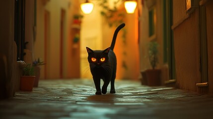 Black Cat Walking Night Street Glowing Eyes Halloween
