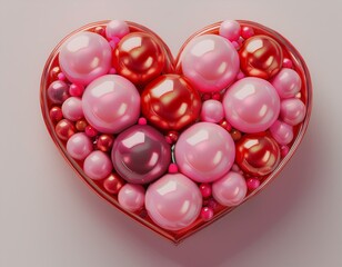 3D Render of a Heart Shape Made from Multicolored Spheres: Pink, Red Glass, and Red Metallic Ornaments.