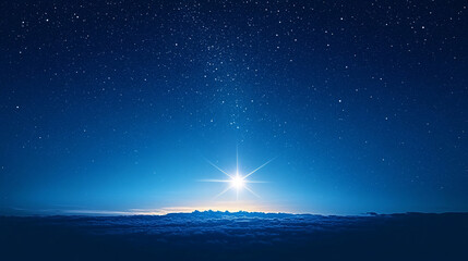 A brilliant star shines brightly over a vast horizon illuminating the night sky with deep blue hues and an ethereal glow  
