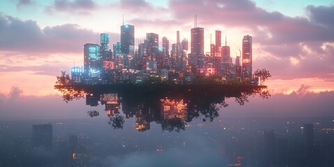 A stunning digital artwork of a futuristic city floating above the clouds, showcasing illuminated skyscrapers at sunset.