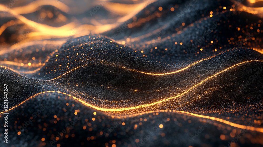 Poster a mesmerizing abstract image of golden waves with sparkling particles, perfect for backgrounds and m