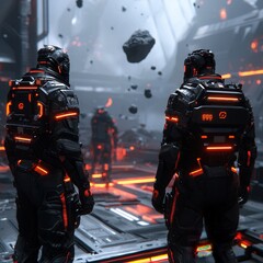 Obraz premium Covert alliance secret meeting a futuristic space station in an asteroid belt