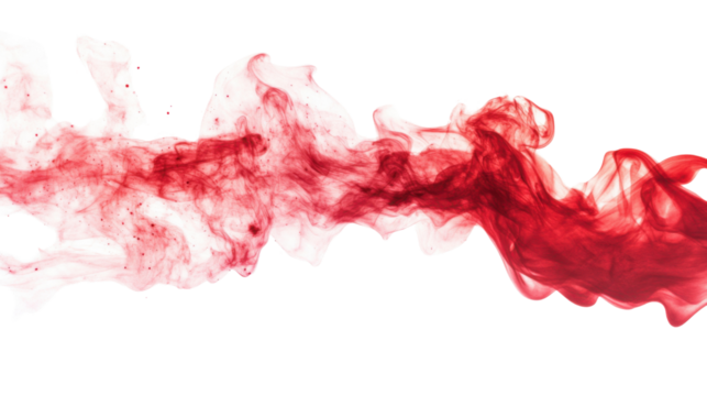 Red ink swirling in water creating abstract shapes on transparent background