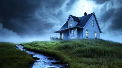 Fototapeta premium Mysterious House on Hill with Moonlit Sky and Flowing Stream