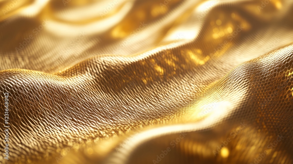 Poster close-up of a golden fabric with a shimmering texture, creating elegant waves and a luxurious feel.