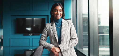 Portrait, business and woman in office, financial, advisor and corporate professional with confidence. Face, person and employee in workplace, accounting and broker with pride, new job and smile