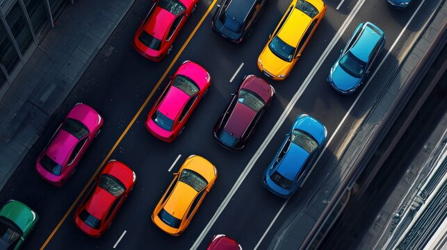 Colorful Array of Cars in Busy Urban Traffic Scene Aerial View on City Road