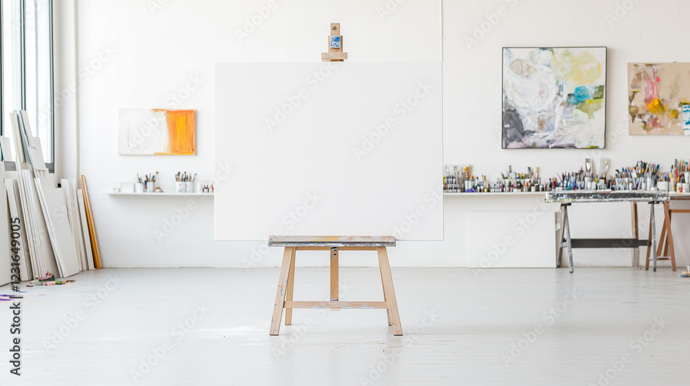 Poster the blank canvas: a minimalist studio setting, bathed in natural light, featuring an easel with a pr
