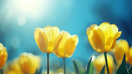 Sunny yellow tulips in a field.