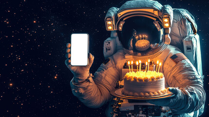 A man in a space suit is floating in outer space with a phone and a birthday cake in his hands....