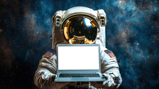 A stylish astronaut in a spacesuit holds a laptop with an empty screen in his hands to present a website about interstellar adventures. Laptop mockup. Space day. The concept of adventure