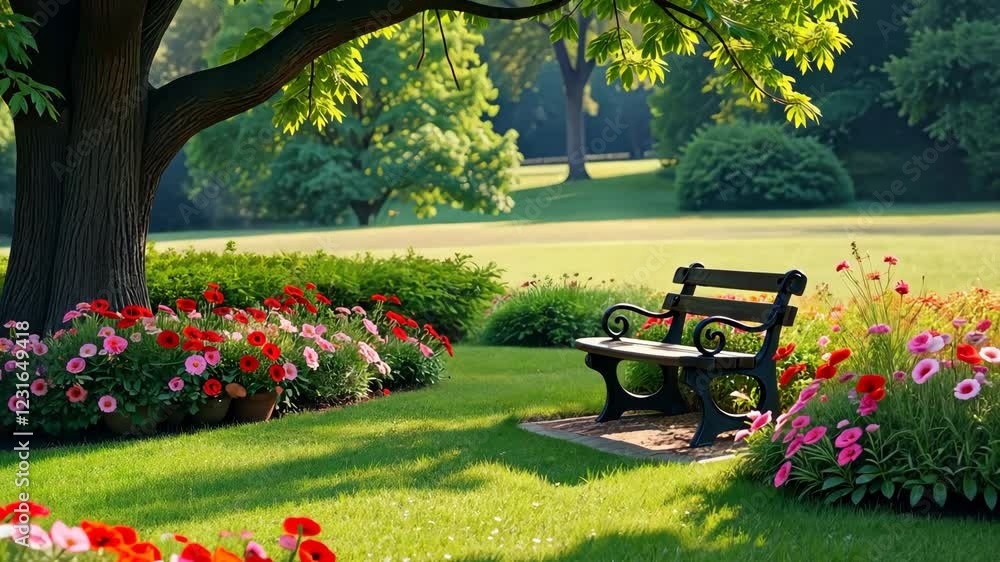 Poster a bench is in a park with a tree behind it. the bench is black and there are flowers in the backgrou