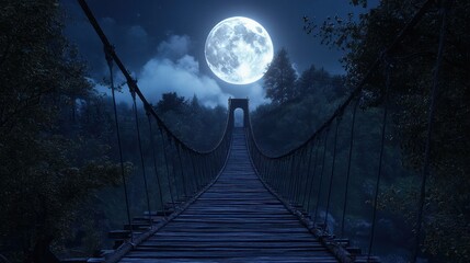 Fototapeta premium Moonlit Night, Suspension Bridge, Forest, Mystery