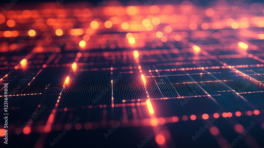 Poster abstract digital grid with glowing orange lights, representing futuristic technology and data networ