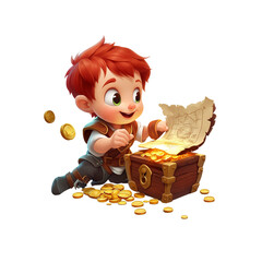 Joyful Child Discovering Treasure Chest with Gold Coins and Map