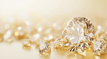 Fototapeta premium Diamond Dreams: Sparkling diamonds gleam in a bed of golden light, their facets catching the radiance and casting shimmering reflections, creating a captivating image of luxury and timeless beauty.