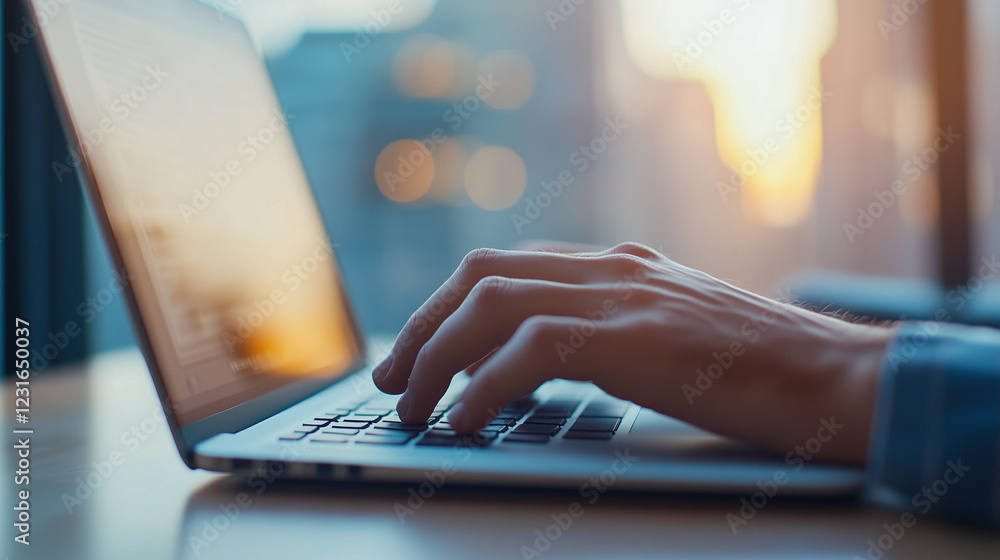 Poster hands typing on laptop: closeup of hands typing on a laptop keyboard, bathed in soft, golden sunligh