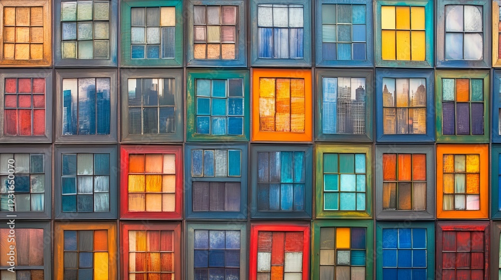 Poster a vibrant array of colorful windows reflecting a cityscape, showcasing geometric patterns and divers
