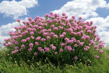 Pink flowers bloom in a field under a bright, blue sky. Ideal for nature, garden, and springtime themes