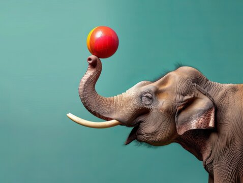A playful elephant balancing a colorful ball on its trunk against a teal background. Elephant’s Ephemeral Equilibrium, Paradox of Balance