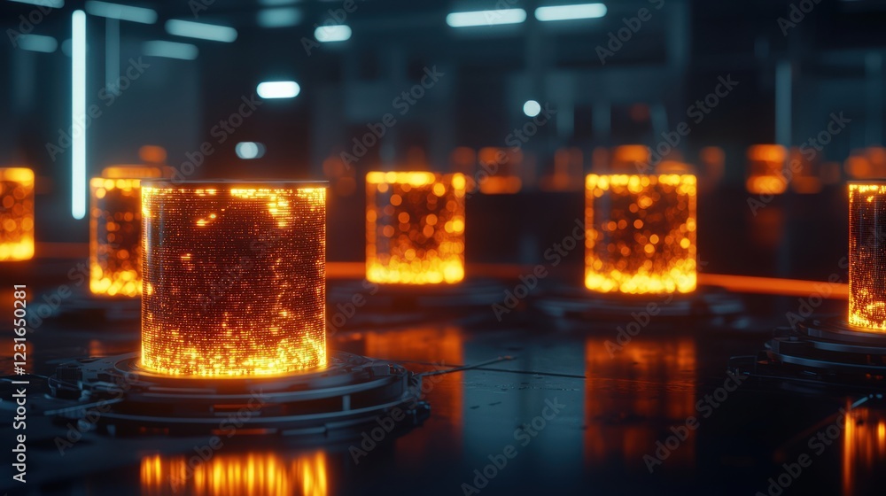 Poster futuristic digital environment with glowing cylindrical structures displaying orange liquid elements