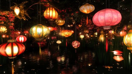 Enchanted Lantern Pond Digital Art, Colorful Lanterns, Night Scene, Water Reflection, Asian Inspired, Fantasy. Lanterns, Digital Painting