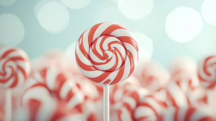 A Swirl of Sweetness: A single red and white lollipop stands out against a backdrop of blurred, similar treats, its spiral design capturing the essence of sugary delight.