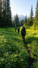 Fototapeta premium Group of Hikers Exploring Lush Green Trail Surrounded by Tall Pine Trees in Serene Natural Landscape