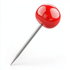 Classic red push pin with a sharp metal tip and glossy plastic head, isolated on a clean white background