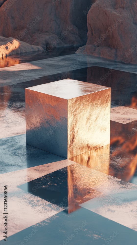 Poster a shiny metallic cube rests on a tranquil water surface, capturing reflections of its serene surroun