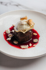 Decadent chocolate lava cake with vanilla ice cream, crunchy meringue, fresh blueberries, and a colorful berry coulis for a luxurious dessert experience. Restaurant or cafe menu, cookbook recipe